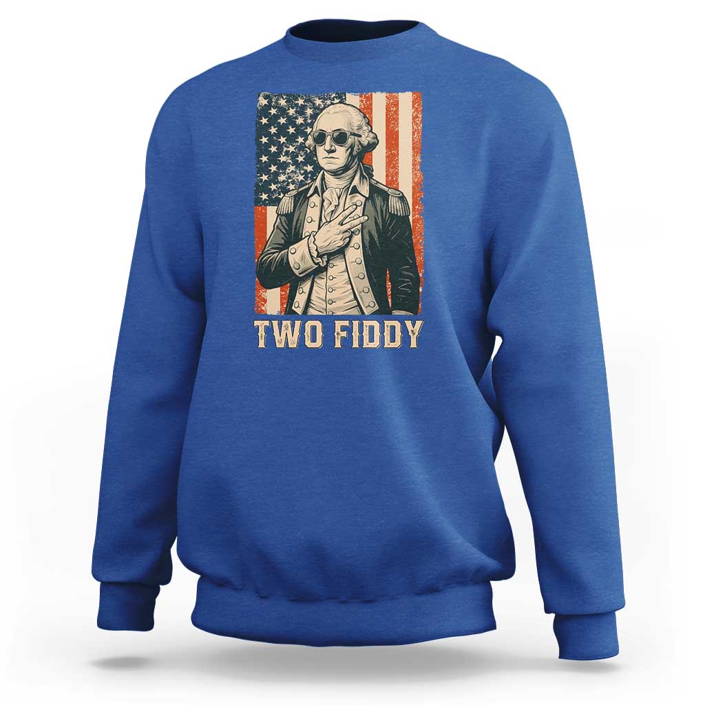 Two Fiddy Vintage George Washington Sweatshirt Funny Sunglasses Peace Sign Retro American Flag Semiquincentennial