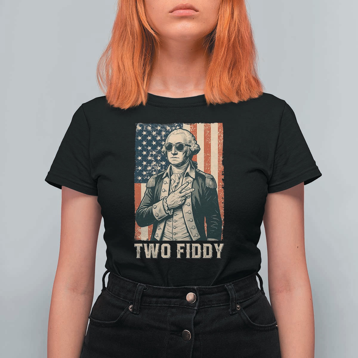 Two Fiddy Vintage George Washington T Shirt For Women Funny Sunglasses Peace Sign Retro American Flag Semiquincentennial