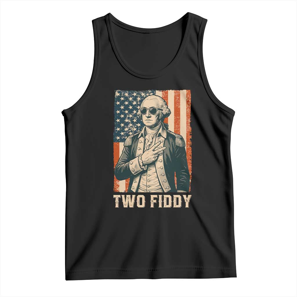Two Fiddy Vintage George Washington Tank Top Funny Sunglasses Peace Sign Retro American Flag Semiquincentennial