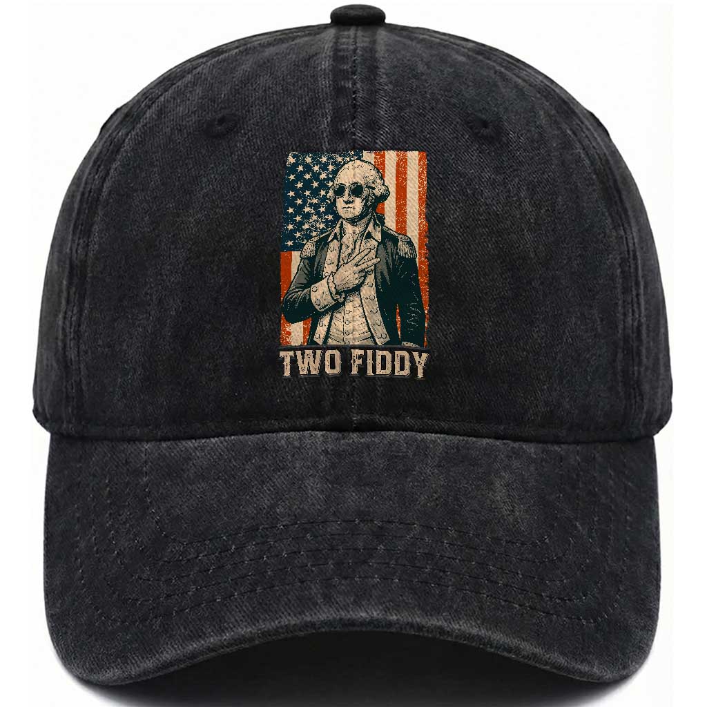 Two Fiddy Vintage George Washington Washed Cotton Baseball Cap Funny Sunglasses Peace Sign Retro American Flag Semiquincentennial