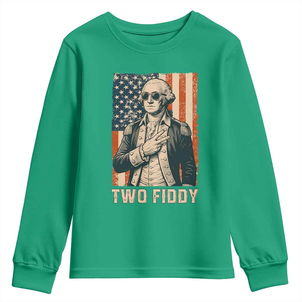 Two Fiddy Vintage George Washington Youth Sweatshirt Funny Sunglasses Peace Sign Retro American Flag Semiquincentennial