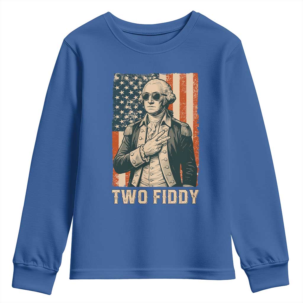 Two Fiddy Vintage George Washington Youth Sweatshirt Funny Sunglasses Peace Sign Retro American Flag Semiquincentennial