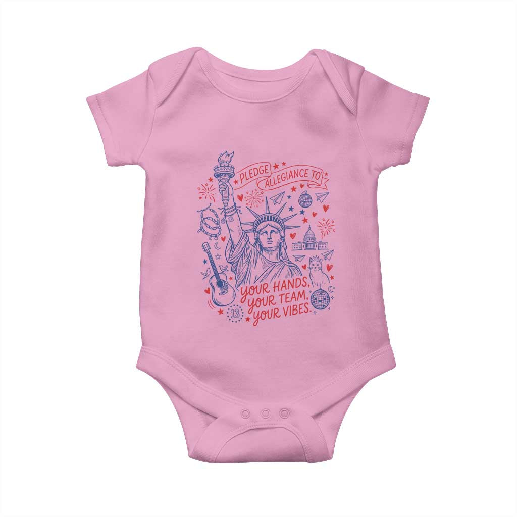 Pledge Allegiance To Your Hands Team Vibes Baby Onesie Statue of Liberty Doodle Americana Graphic