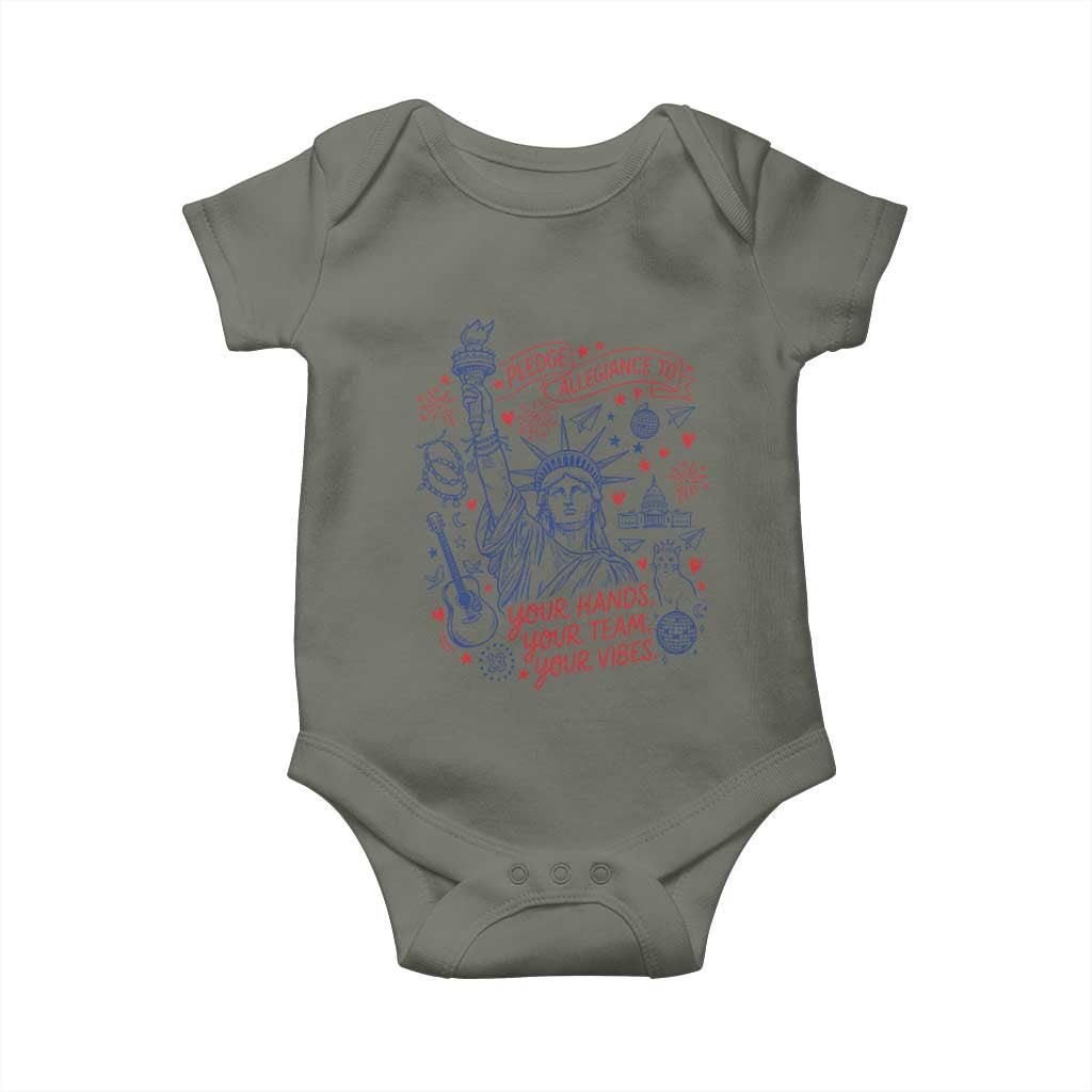 Pledge Allegiance To Your Hands Team Vibes Baby Onesie Statue of Liberty Doodle Americana Graphic