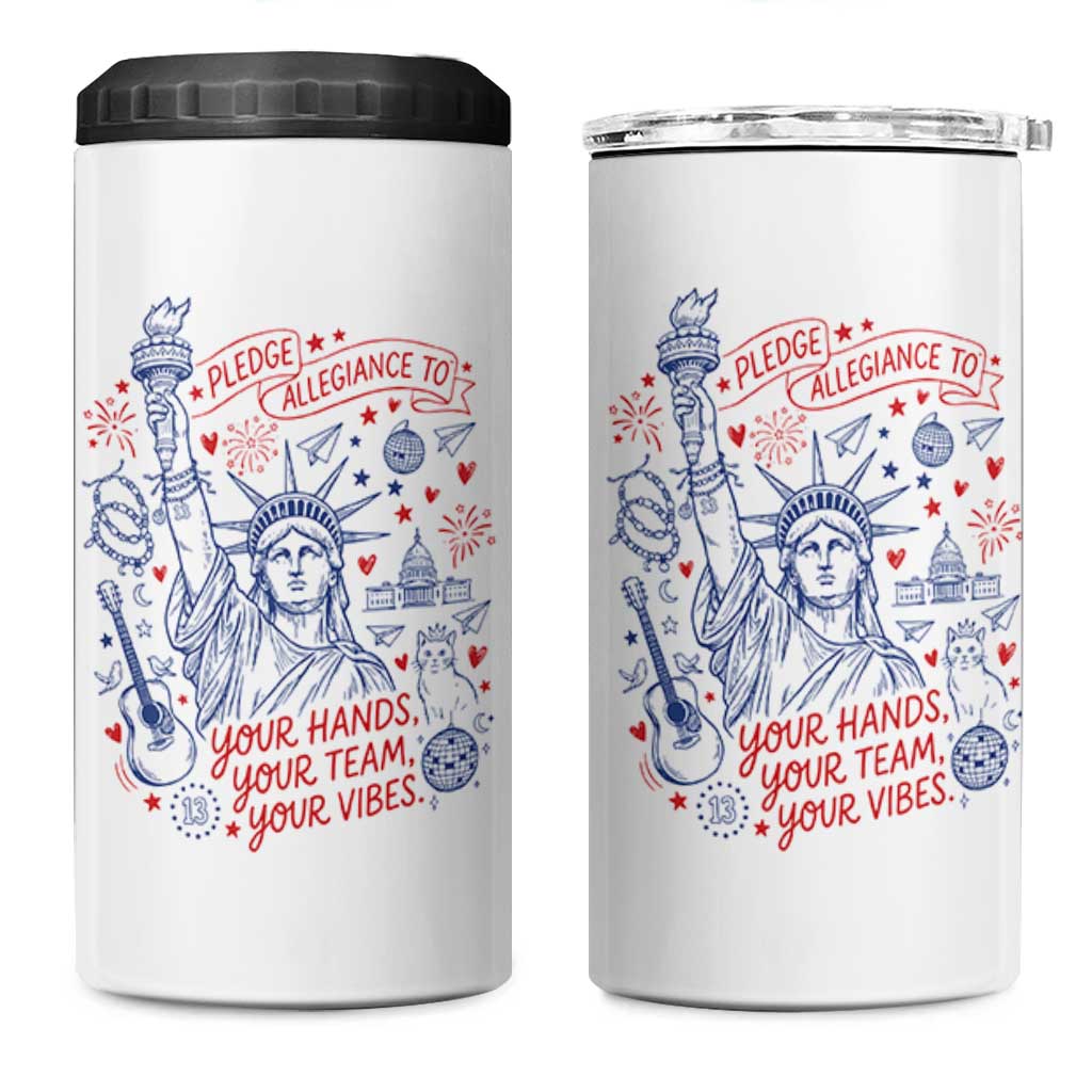 Pledge Allegiance To Your Hands Team Vibes 4 in 1 Can Cooler Tumbler Statue of Liberty Doodle Americana Graphic