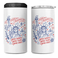 Pledge Allegiance To Your Hands Team Vibes 4 in 1 Can Cooler Tumbler Statue of Liberty Doodle Americana Graphic
