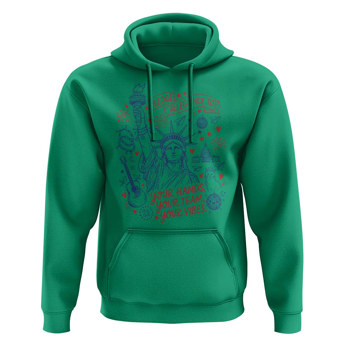 Pledge Allegiance To Your Hands Team Vibes Hoodie Statue of Liberty Doodle Americana Graphic