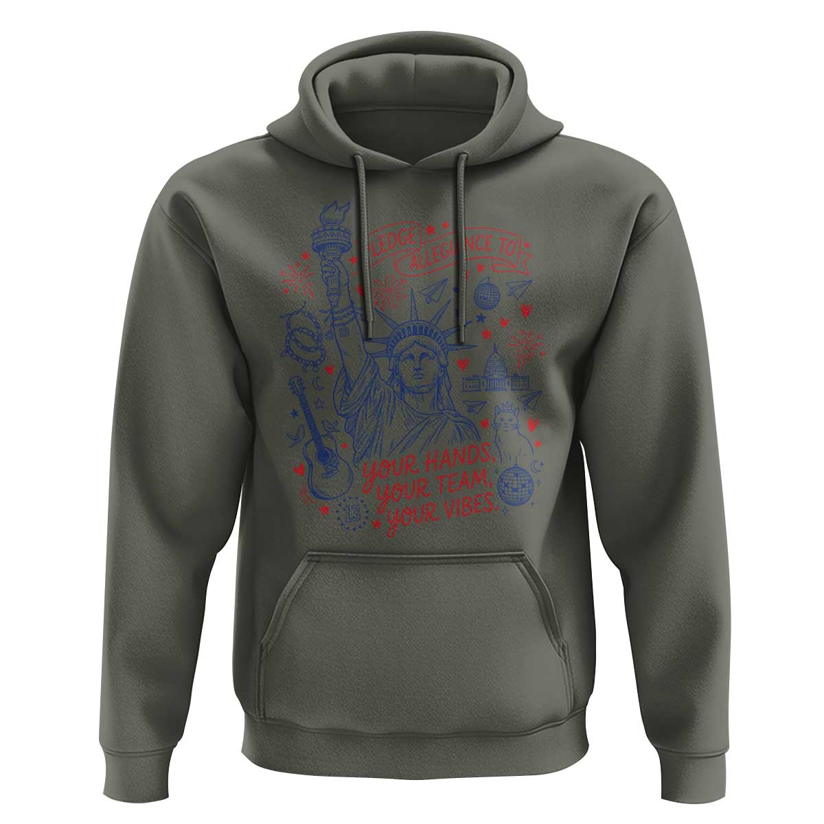 Pledge Allegiance To Your Hands Team Vibes Hoodie Statue of Liberty Doodle Americana Graphic