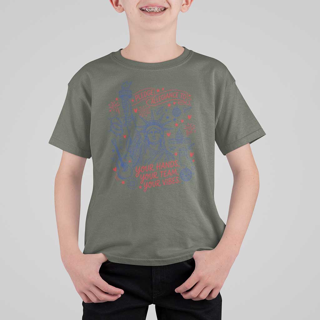 Pledge Allegiance To Your Hands Team Vibes T Shirt For Kid Statue of Liberty Doodle Americana Graphic
