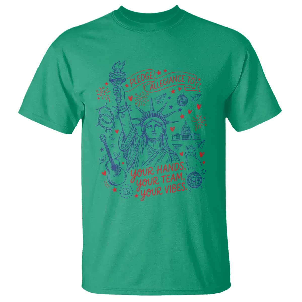 Pledge Allegiance To Your Hands Team Vibes T Shirt Statue of Liberty Doodle Americana Graphic