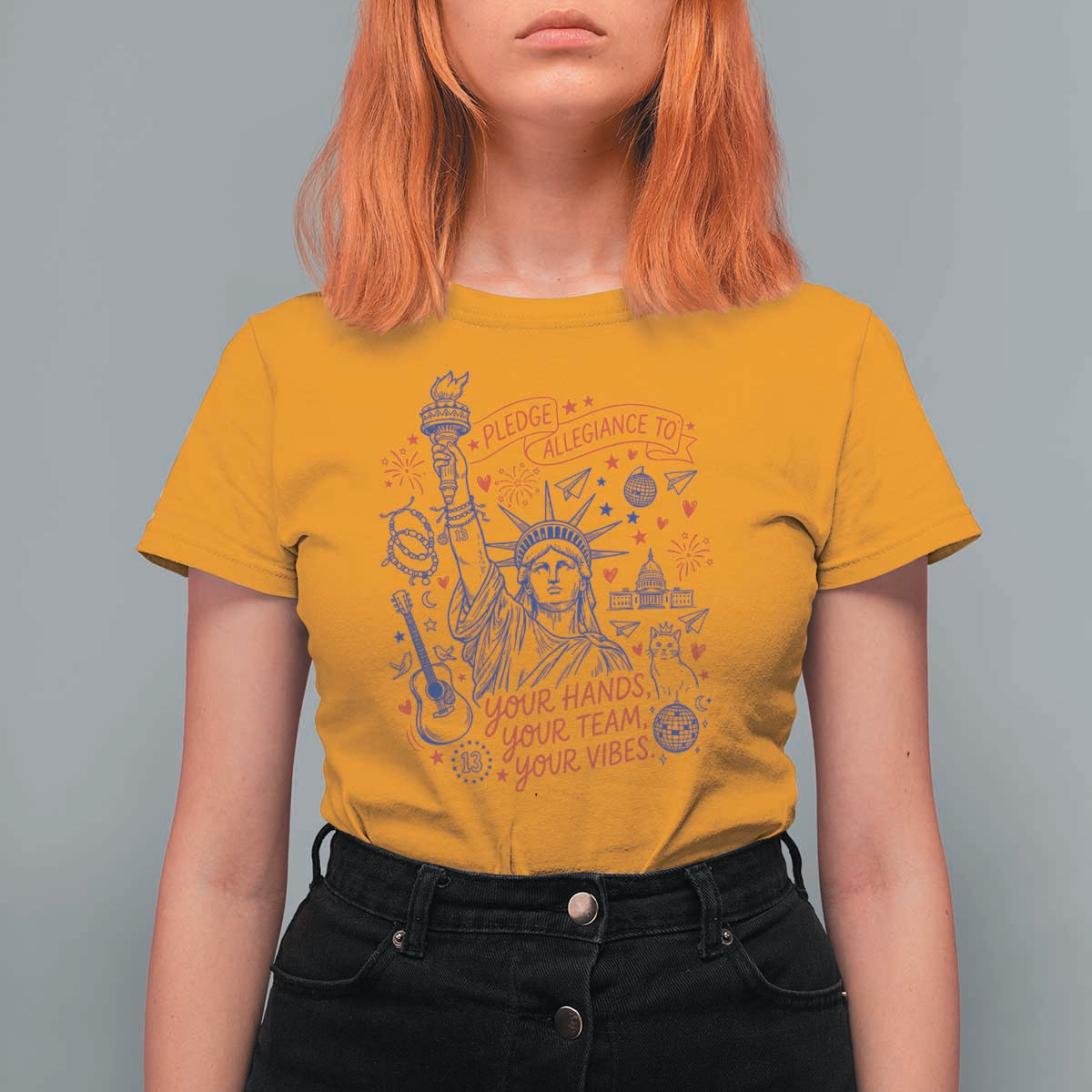 Pledge Allegiance To Your Hands Team Vibes T Shirt For Women Statue of Liberty Doodle Americana Graphic