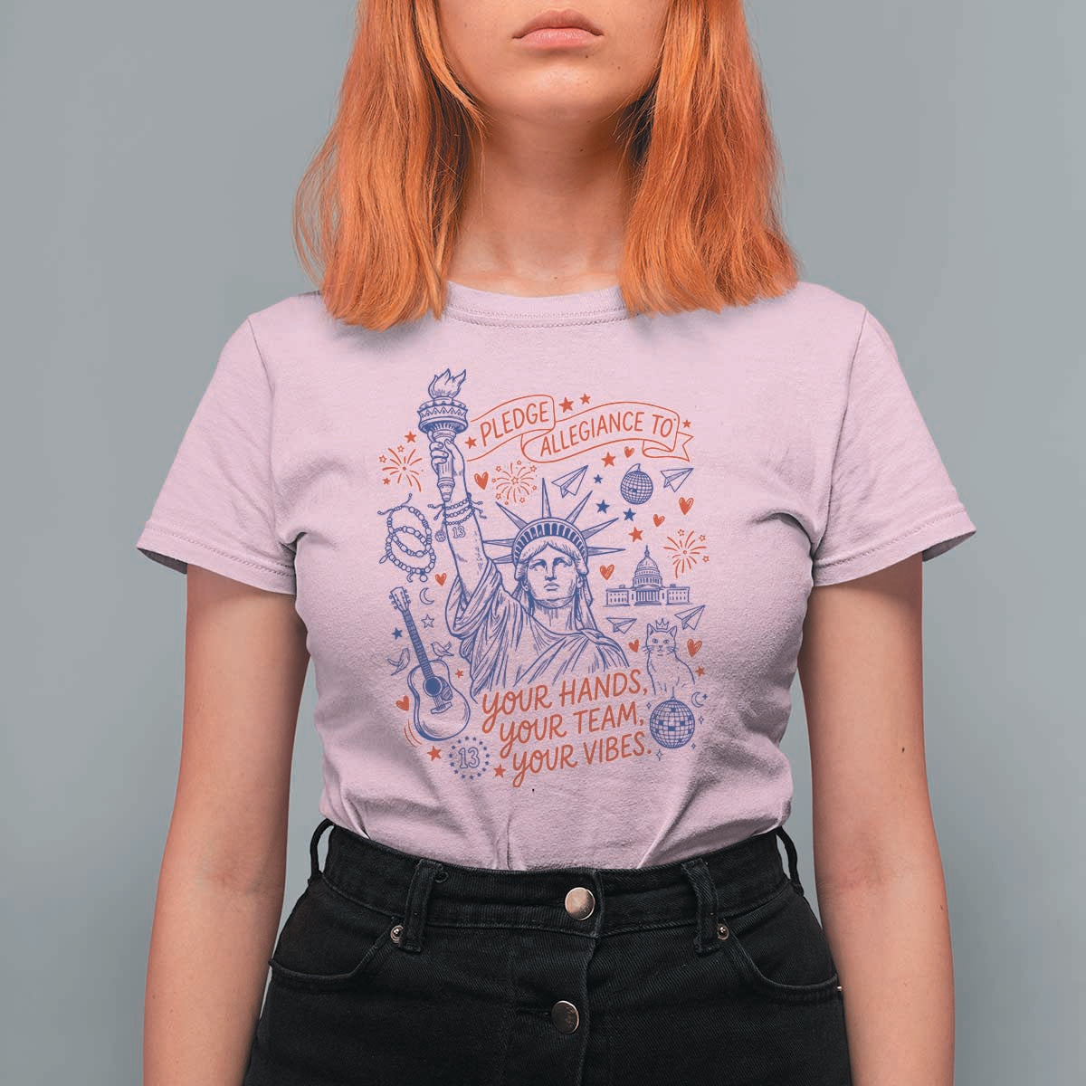 Pledge Allegiance To Your Hands Team Vibes T Shirt For Women Statue of Liberty Doodle Americana Graphic