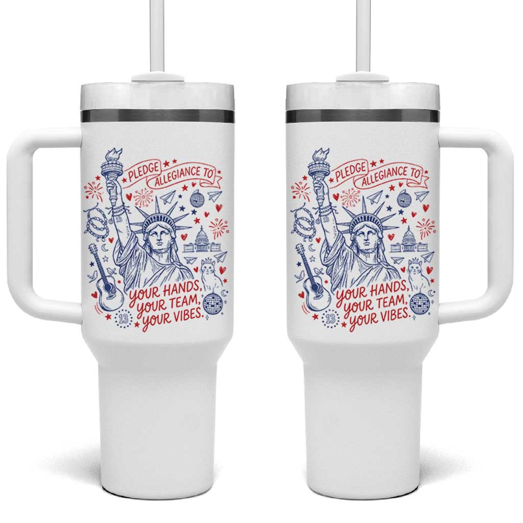 Pledge Allegiance To Your Hands Team Vibes Tumbler With Handle Statue of Liberty Doodle Americana Graphic