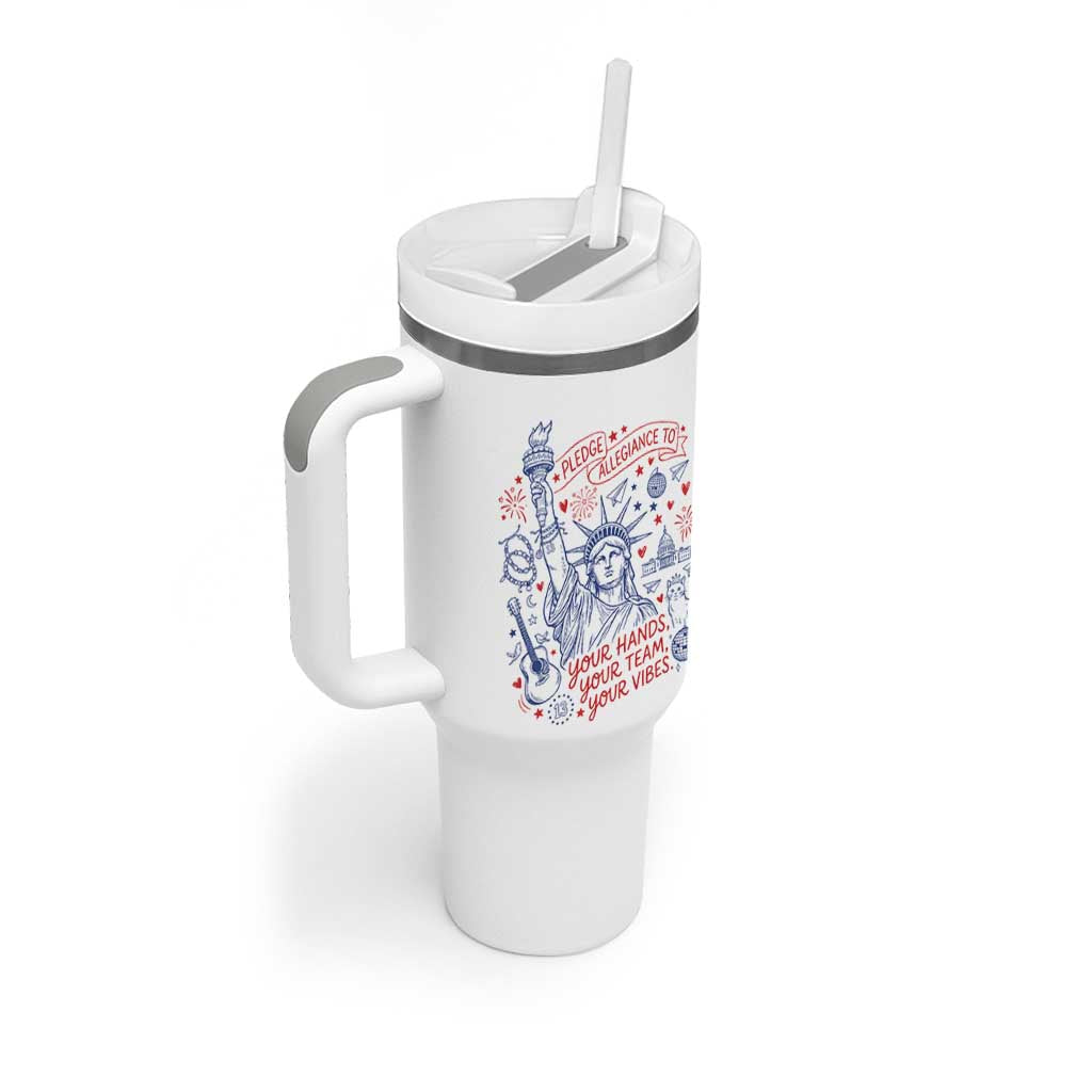 Pledge Allegiance To Your Hands Team Vibes Tumbler With Handle Statue of Liberty Doodle Americana Graphic
