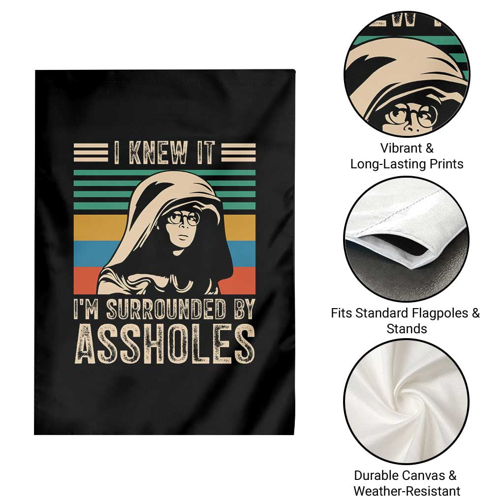 Funny I Knew It Im Surrounded by Axxholes Sci-fi Parody Garden Flag Retro Sunset Space Vintage 1980s Movie Quote Inspo Meme