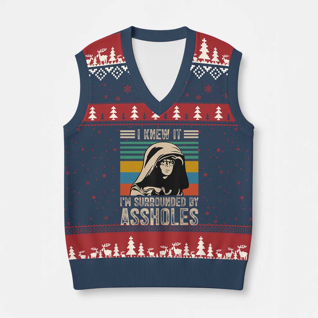 Funny I Knew It Im Surrounded by Axxholes Sci-fi Parody V-Neck Knit Sweater Vest Retro Sunset Space Vintage 1980s Movie Quote Inspo Meme