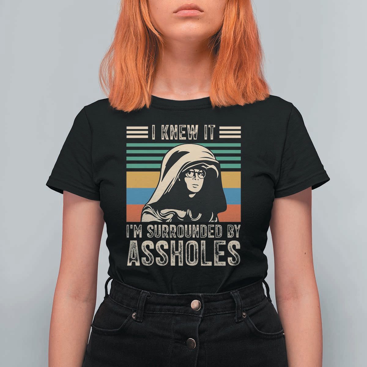 Funny I Knew It Im Surrounded by Axxholes Sci-fi Parody T Shirt For Women Retro Sunset Space Vintage 1980s Movie Quote Inspo Meme