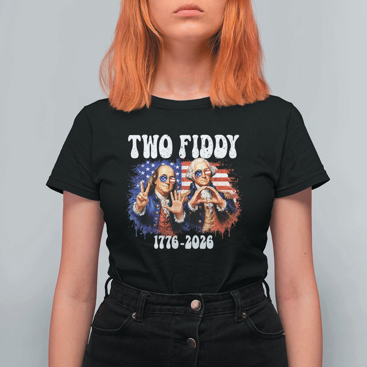 Two Fiddy Founding Fathers 1776 to 2026 T Shirt For Women Funny Benjamin Franklin and George Washington American Flag Semiquincentennial