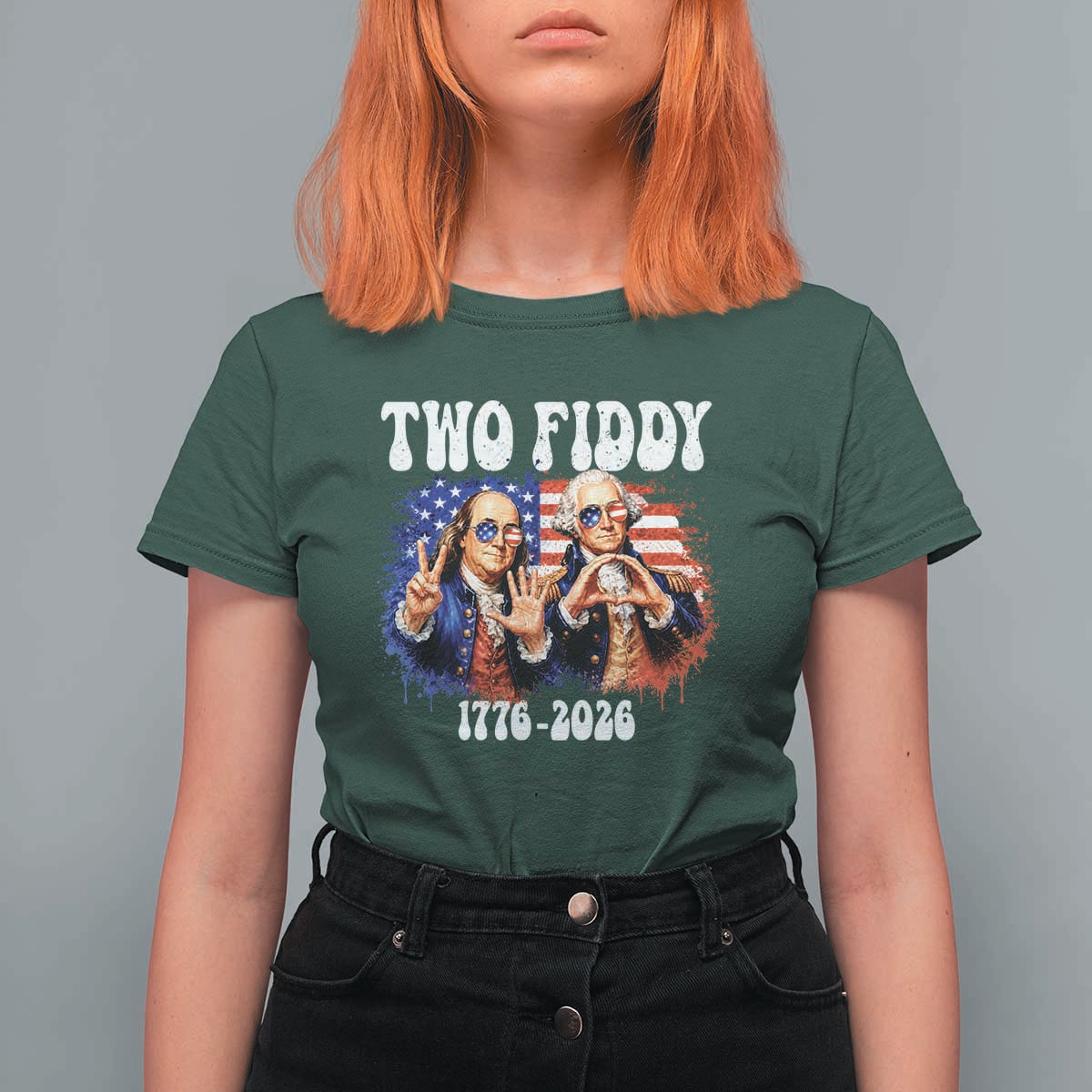 Two Fiddy Founding Fathers 1776 to 2026 T Shirt For Women Funny Benjamin Franklin and George Washington American Flag Semiquincentennial