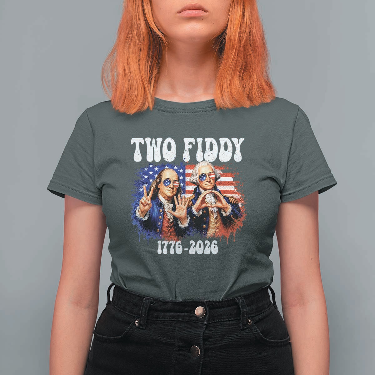 Two Fiddy Founding Fathers 1776 to 2026 T Shirt For Women Funny Benjamin Franklin and George Washington American Flag Semiquincentennial