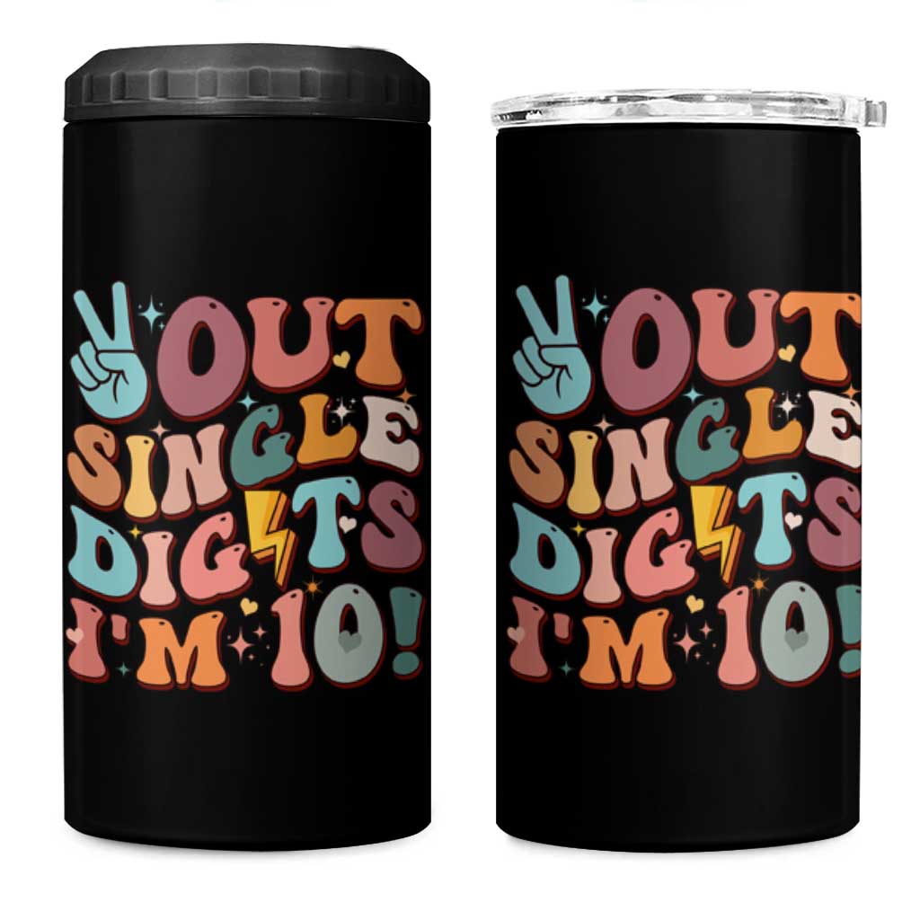 Funny Retro Groovy 10th Birthday 4 in 1 Can Cooler Tumbler Out Single Digits I'm Ten
