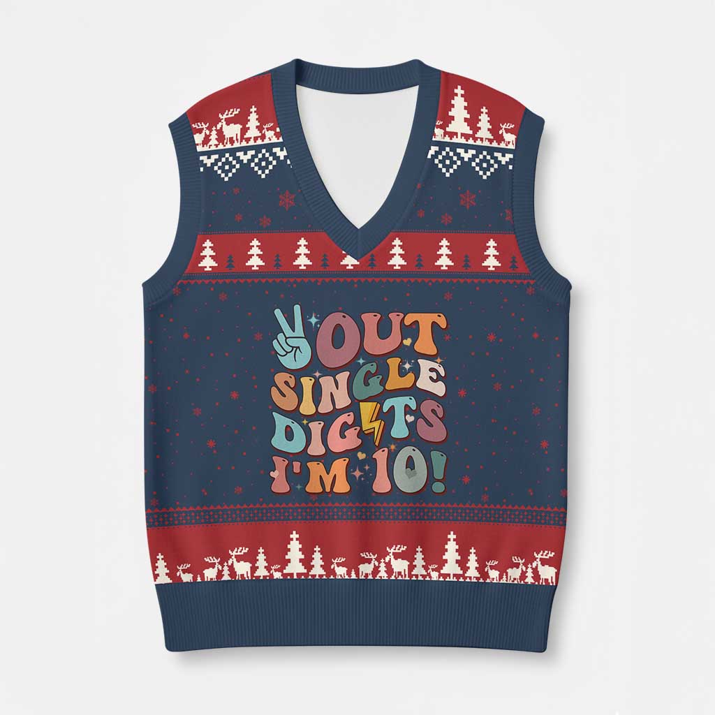 Funny Retro Groovy 10th Birthday V-Neck Knit Sweater Vest Out Single Digits I'm Ten - Wonder Print Shop
