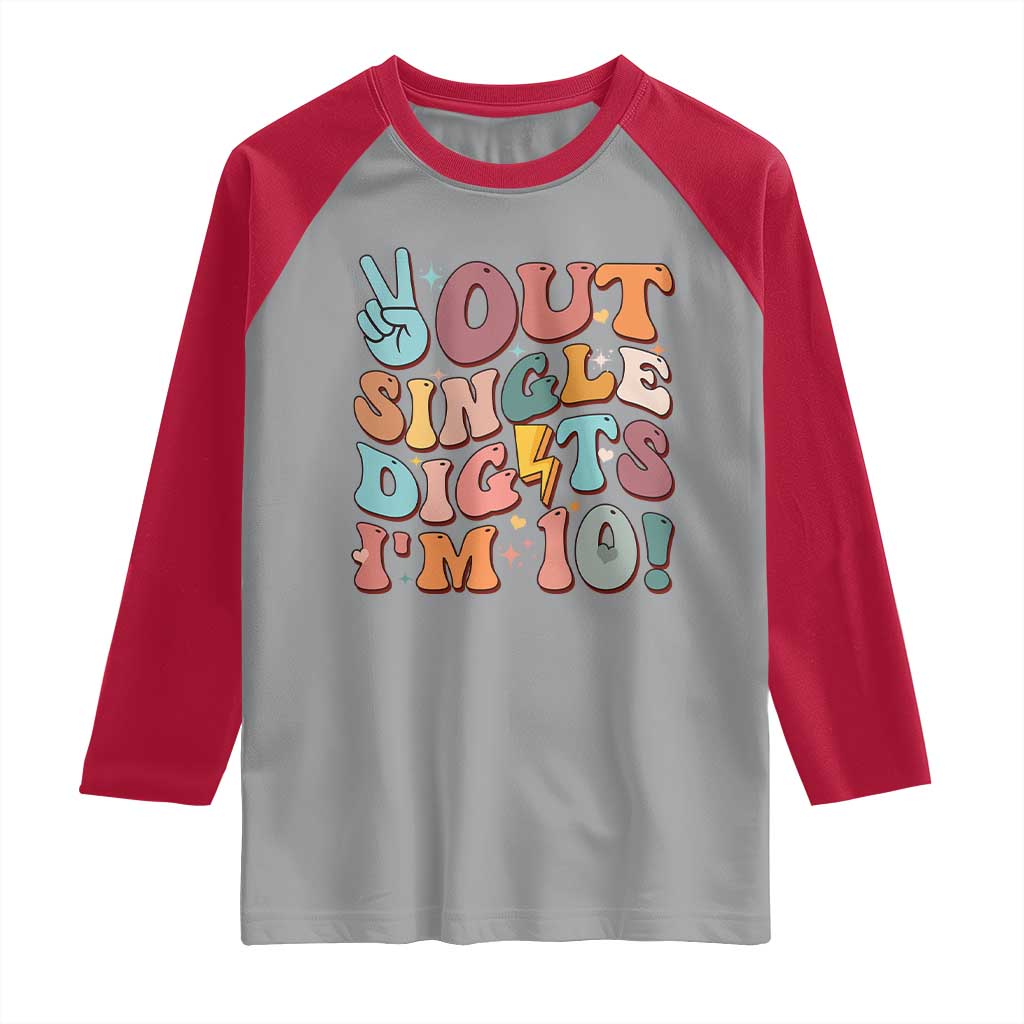 Funny Retro Groovy 10th Birthday Raglan Shirt Out Single Digits I'm Ten