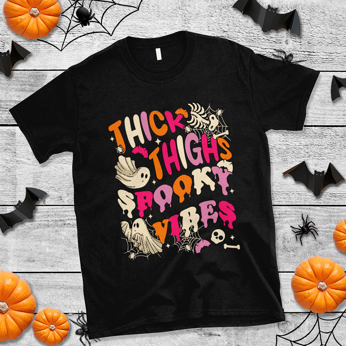 Halloween T Shirt Thick Thighs Spooky Vibe Retro Groovy Witchy Halloween Costume T-Shirt for Halloween lovers, Spooky Season - Wonder Print Shop