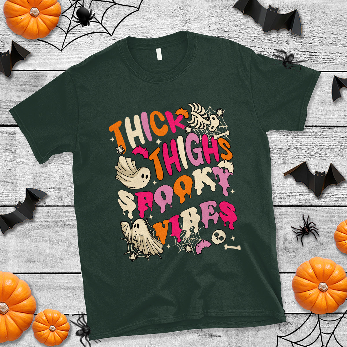 Halloween T Shirt Thick Thighs Spooky Vibe Retro Groovy Witchy Halloween Costume T-Shirt for Halloween lovers, Spooky Season - Wonder Print Shop