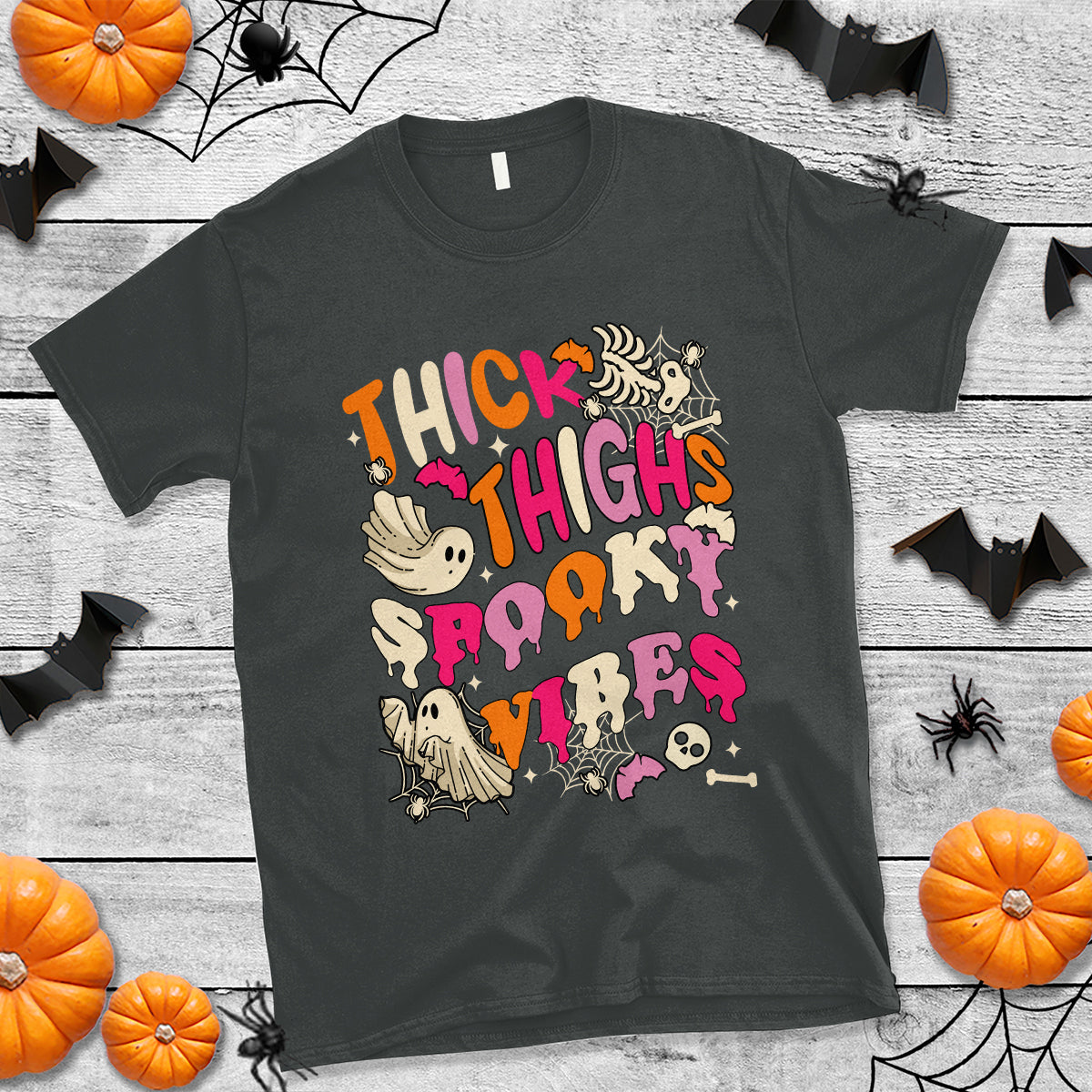 Halloween T Shirt Thick Thighs Spooky Vibe Retro Groovy Witchy Halloween Costume T-Shirt for Halloween lovers, Spooky Season - Wonder Print Shop