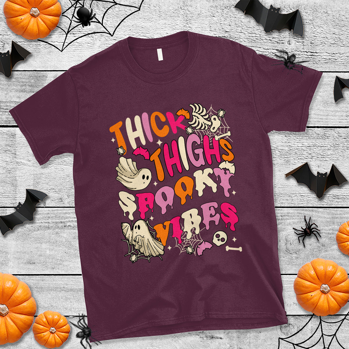 Halloween T Shirt Thick Thighs Spooky Vibe Retro Groovy Witchy Halloween Costume T-Shirt for Halloween lovers, Spooky Season - Wonder Print Shop