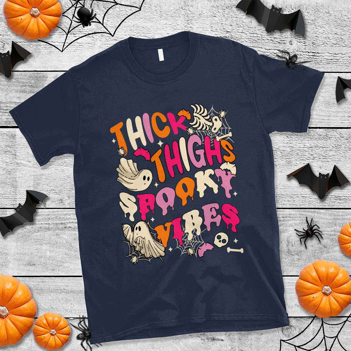 Halloween T Shirt Thick Thighs Spooky Vibe Retro Groovy Witchy Halloween Costume T-Shirt for Halloween lovers, Spooky Season - Wonder Print Shop