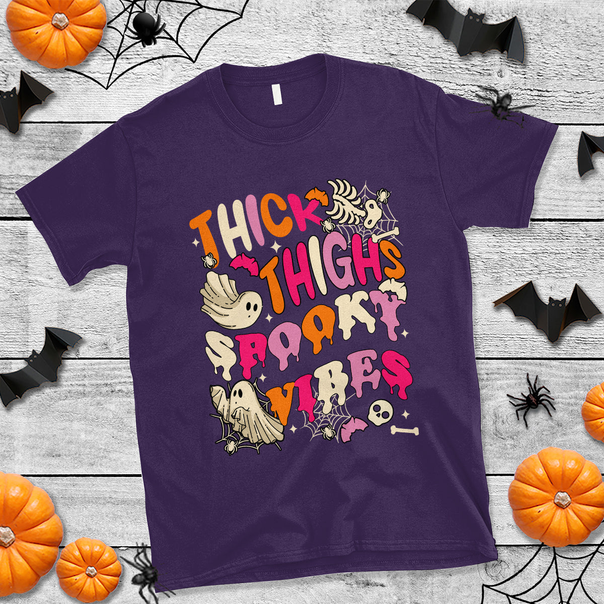 Halloween T Shirt Thick Thighs Spooky Vibe Retro Groovy Witchy Halloween Costume T-Shirt for Halloween lovers, Spooky Season - Wonder Print Shop