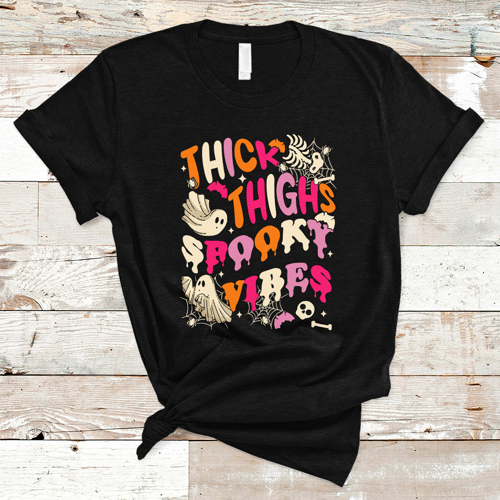 Halloween T Shirt Thick Thighs Spooky Vibe Retro Groovy Witchy Halloween Costume T-Shirt for Halloween lovers, Spooky Season - Wonder Print Shop