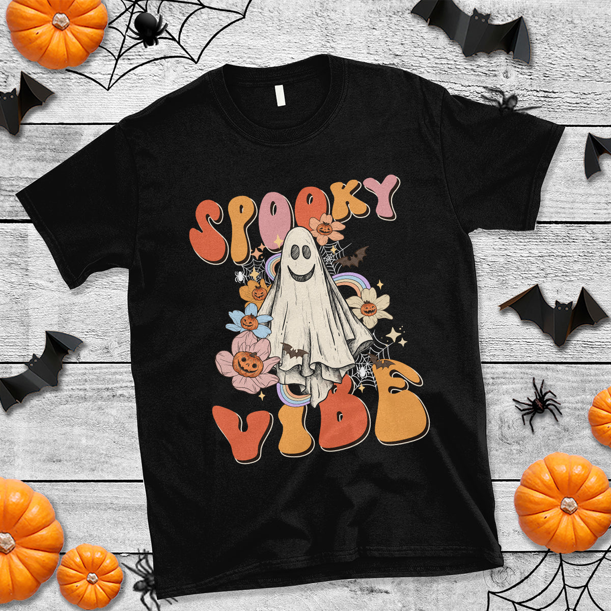 Halloween T Shirt Spooky Vibe Retro Groovy Spooky Boo Ghost Halloween Costume T-Shirt for Halloween lovers, Spooky Season Shirt, Ghosts - Wonder Print Shop