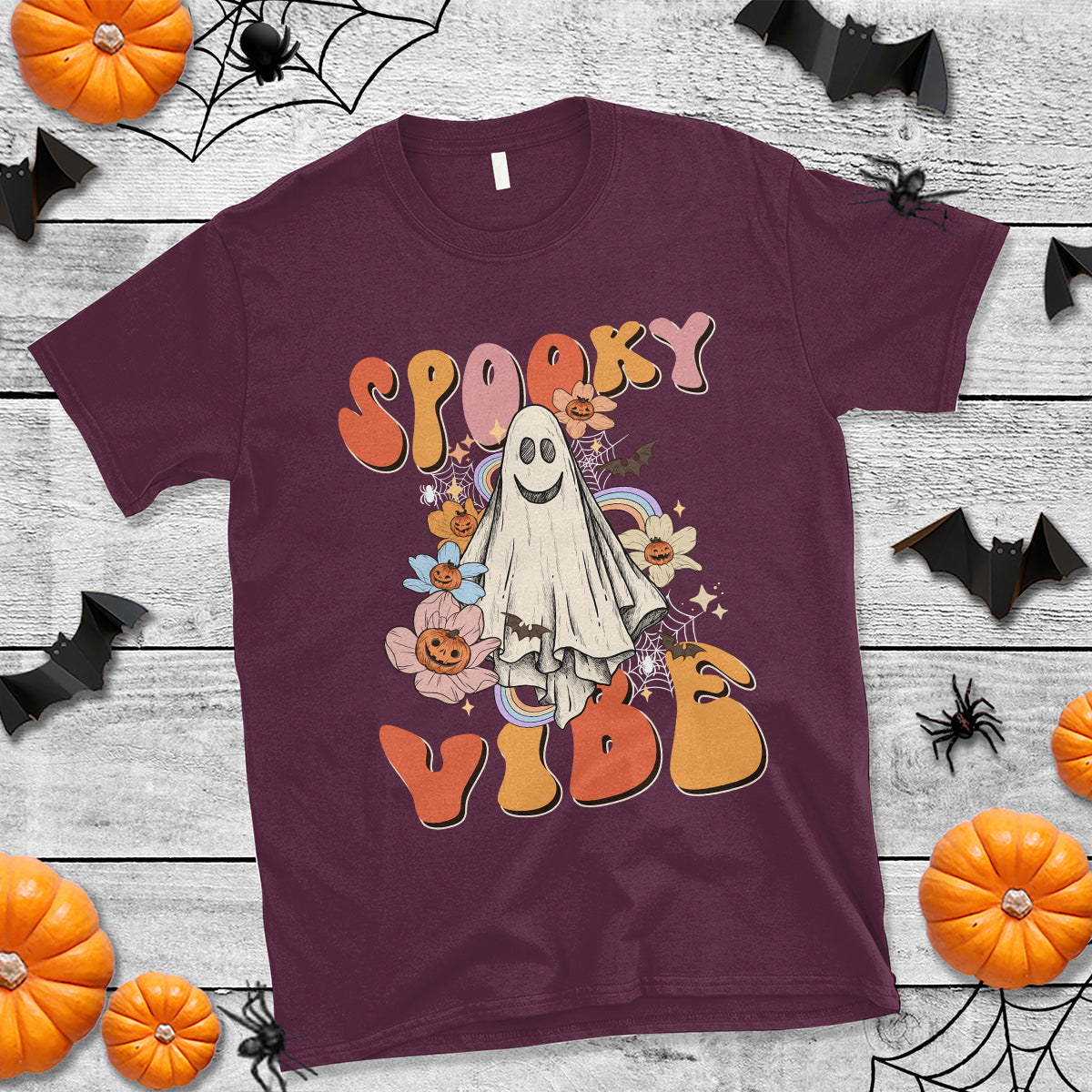 Halloween T Shirt Spooky Vibe Retro Groovy Spooky Boo Ghost Halloween Costume T-Shirt for Halloween lovers, Spooky Season Shirt, Ghosts - Wonder Print Shop