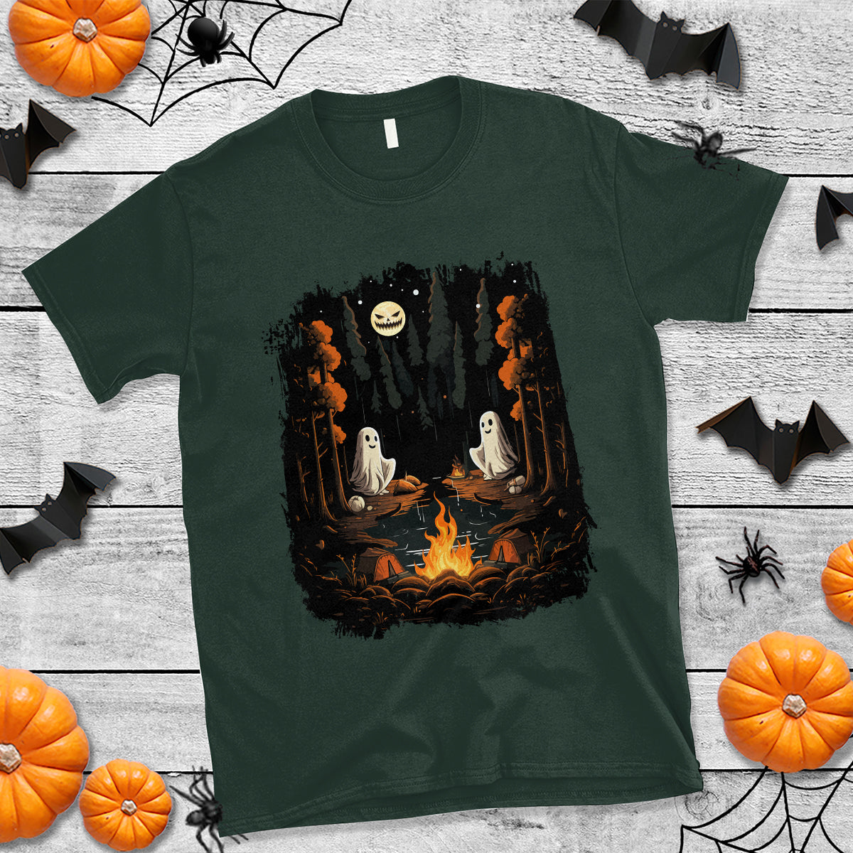 Halloween T Shirt Cute Boo Spooky Ghost Camping In The Forest Gothic Halloween T-Shirt for Halloween lovers, Spooky Season Shirt, Ghosts - Wonder Print Shop