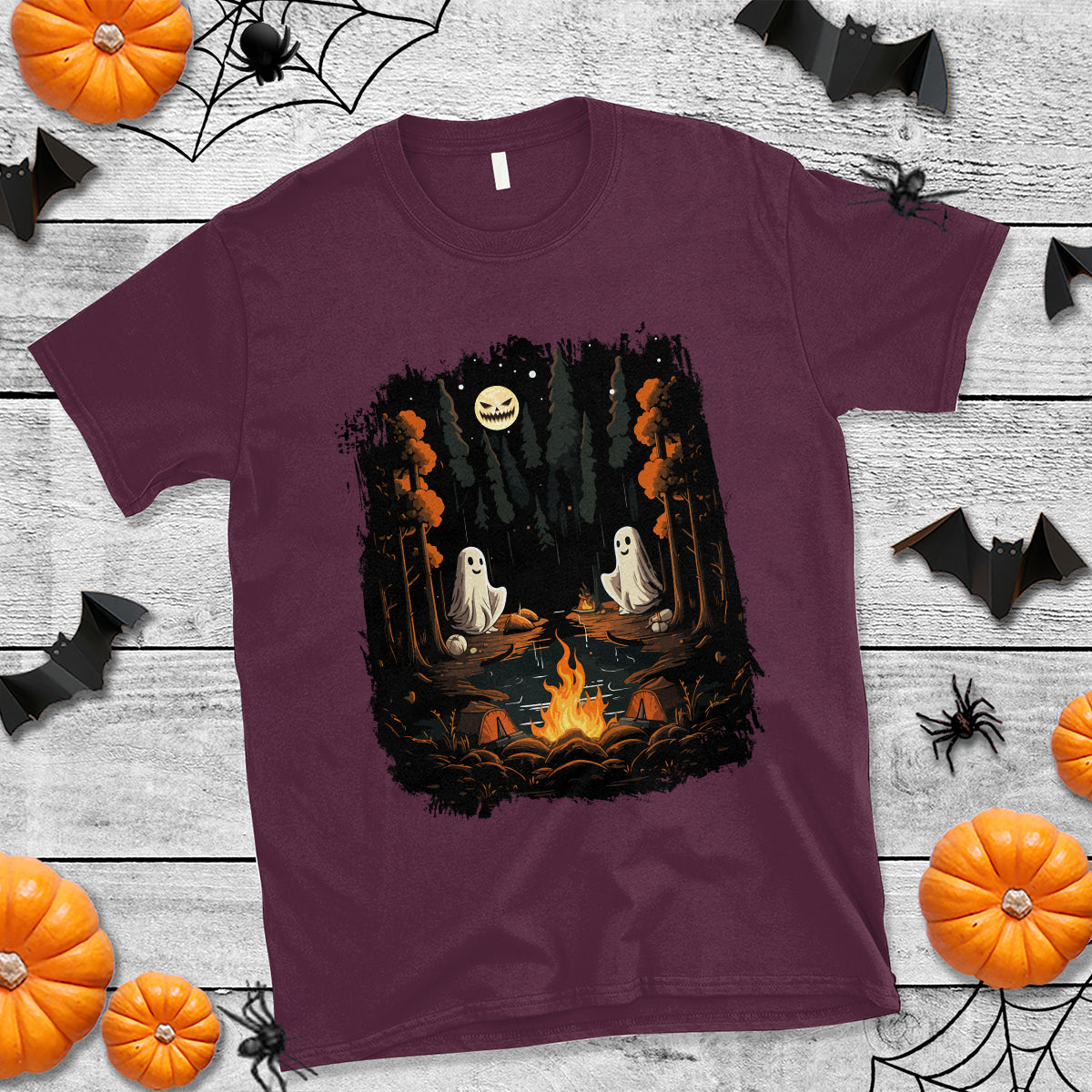 Halloween T Shirt Cute Boo Spooky Ghost Camping In The Forest Gothic Halloween T-Shirt for Halloween lovers, Spooky Season Shirt, Ghosts - Wonder Print Shop