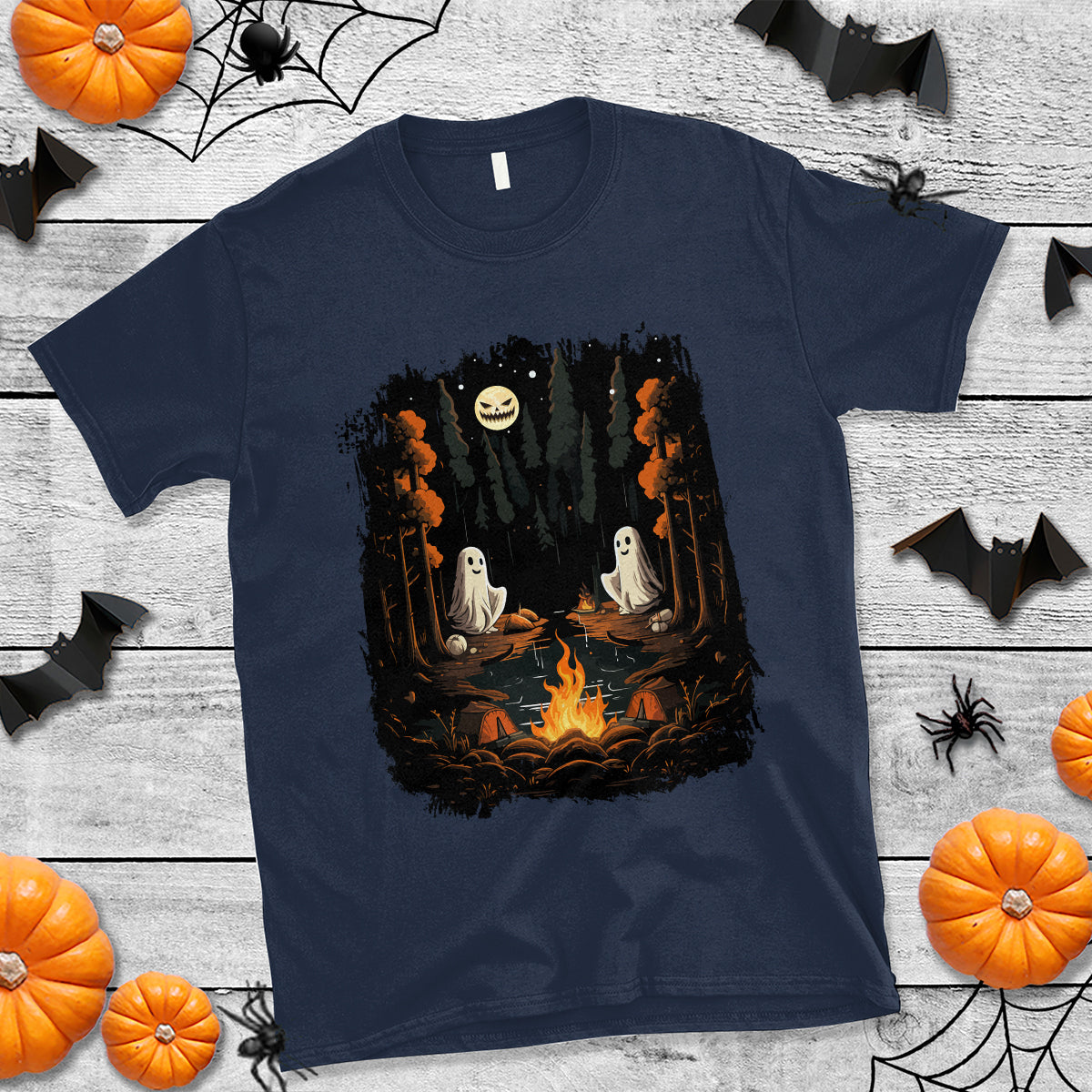 Halloween T Shirt Cute Boo Spooky Ghost Camping In The Forest Gothic Halloween T-Shirt for Halloween lovers, Spooky Season Shirt, Ghosts - Wonder Print Shop