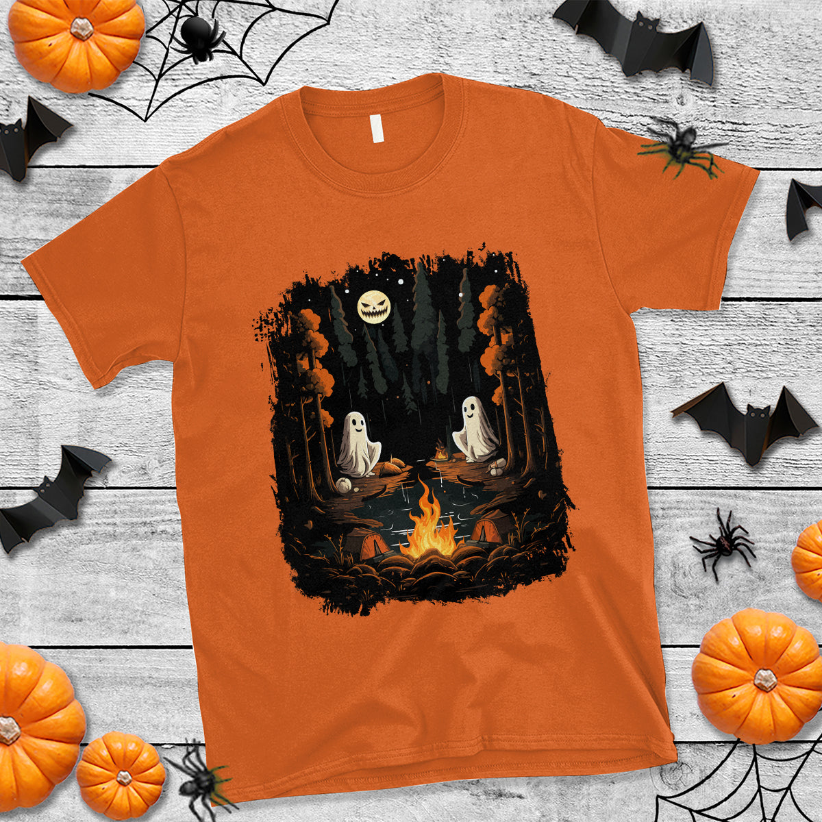 Halloween T Shirt Cute Boo Spooky Ghost Camping In The Forest Gothic Halloween T-Shirt for Halloween lovers, Spooky Season Shirt, Ghosts - Wonder Print Shop