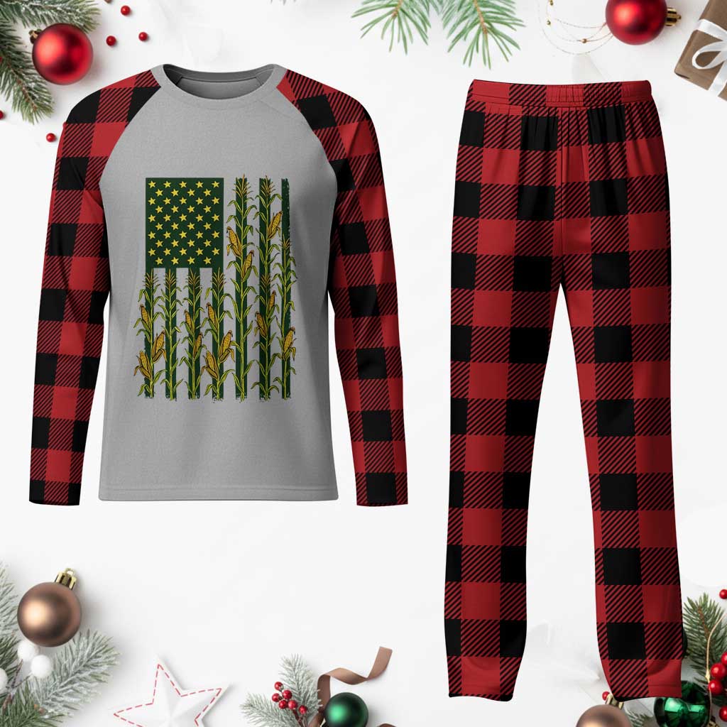 American Flag Corn Farmer Country Agriculture Plaid Pajama Set Vintage Patriotic Harvest