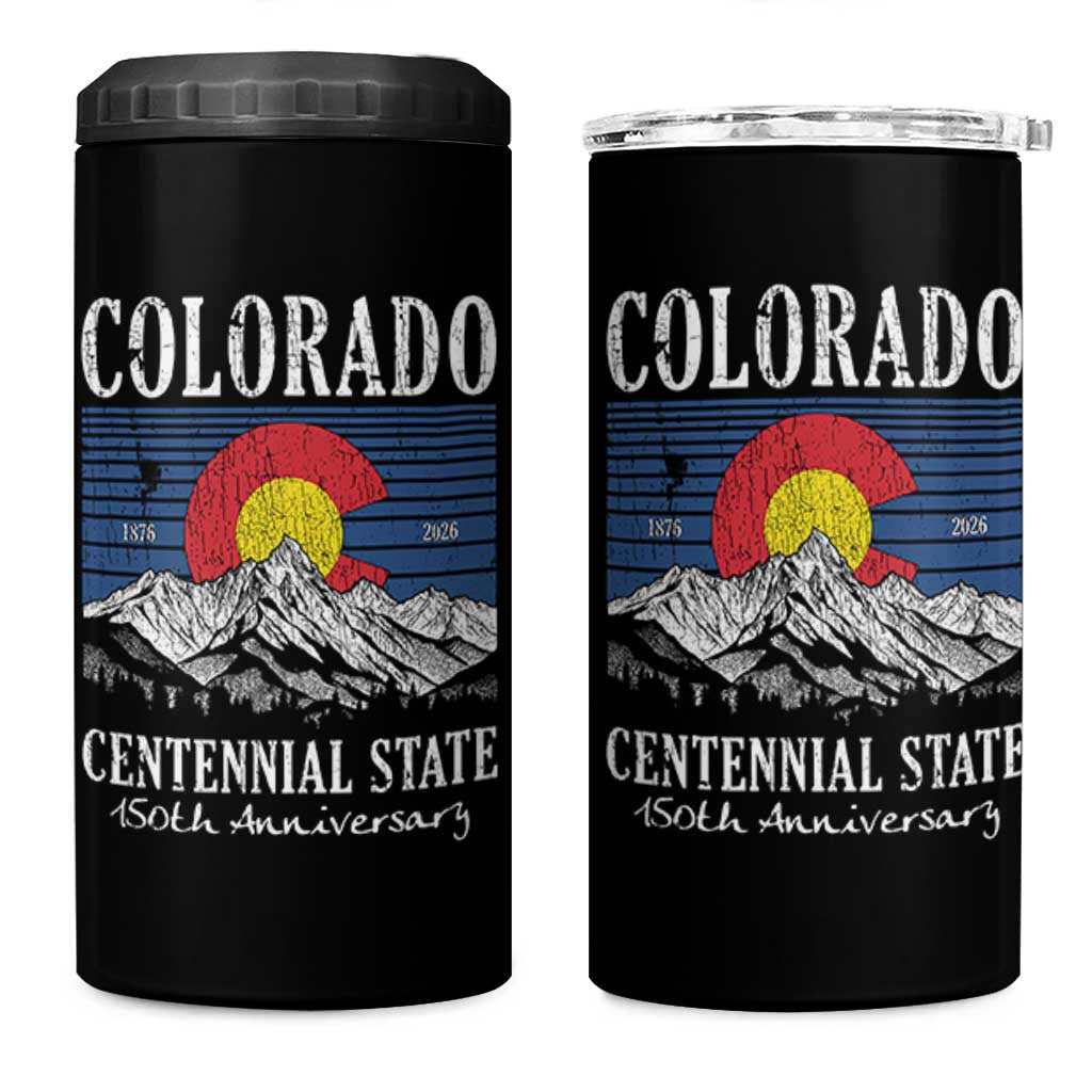 Colorado Centennial State 150th Anniversary 4 in 1 Can Cooler Tumbler 1876 2026 Vintage Mountain Graphic
