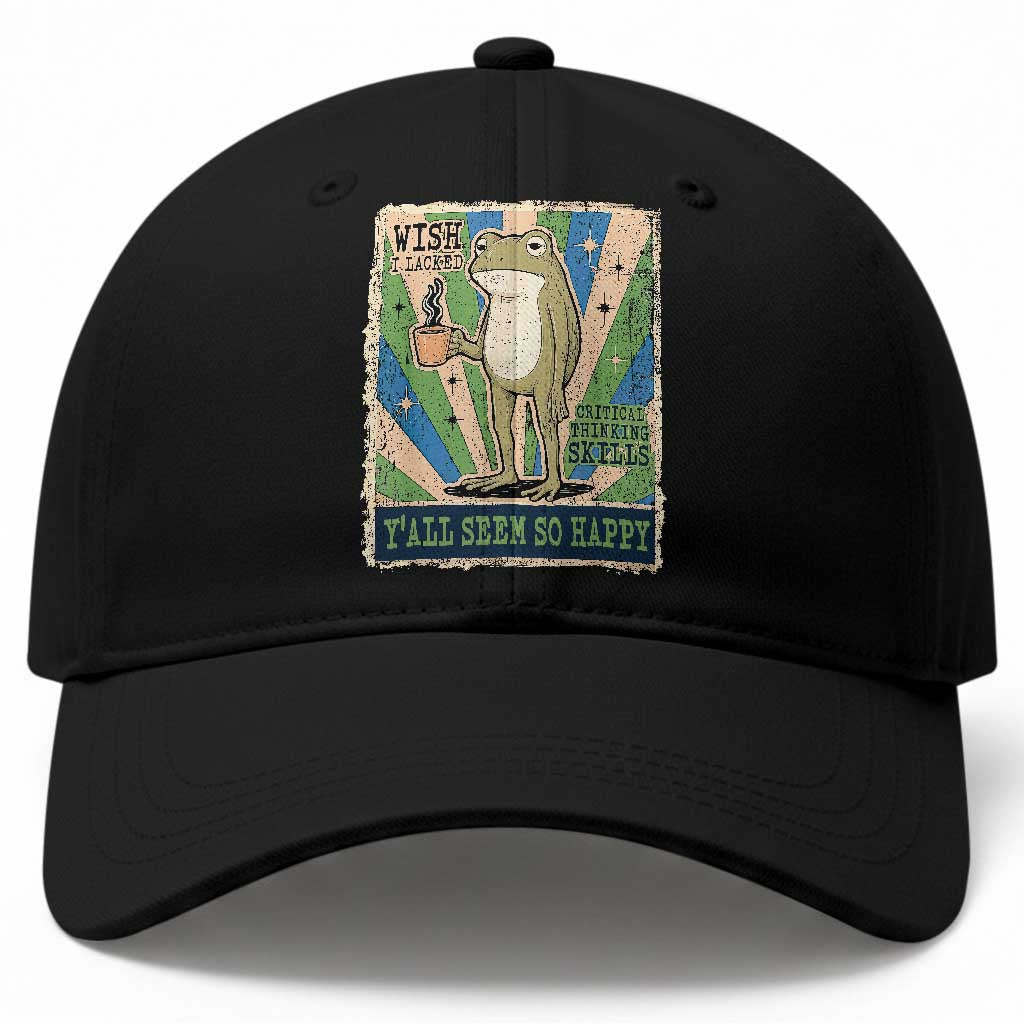 Vintage Frog Drinking Coffee Sarcastic Meme Baseball Cap Wish I Lacked Critical Thinking Skills You All Seem So Happy