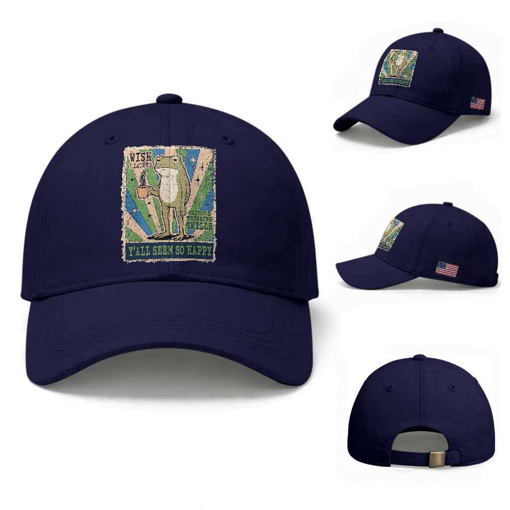 Vintage Frog Drinking Coffee Sarcastic Meme Baseball Cap Wish I Lacked Critical Thinking Skills You All Seem So Happy