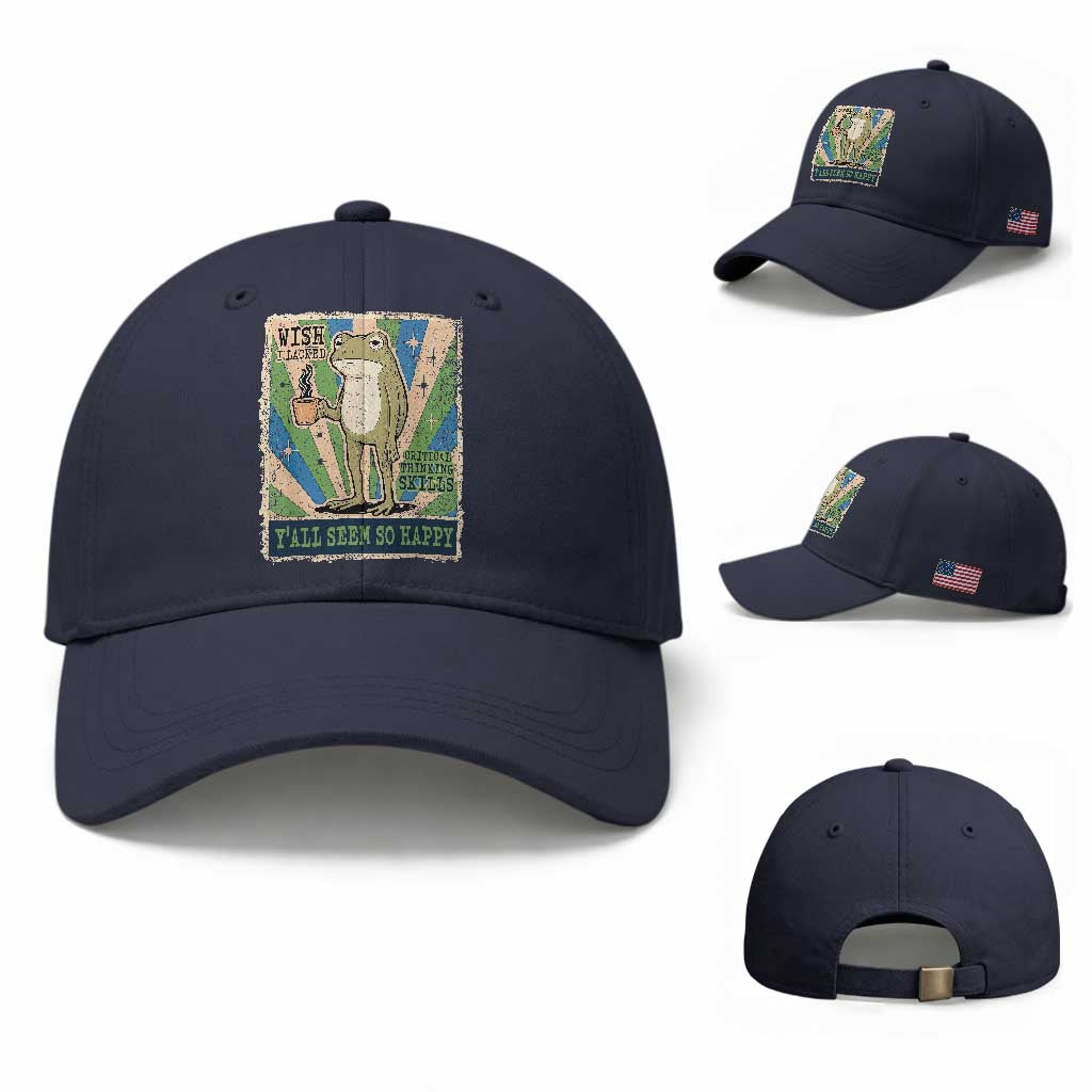 Vintage Frog Drinking Coffee Sarcastic Meme Baseball Cap Wish I Lacked Critical Thinking Skills You All Seem So Happy