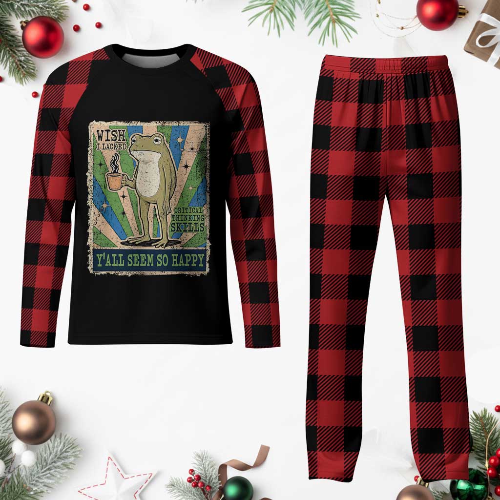 Vintage Frog Drinking Coffee Sarcastic Meme Plaid Pajama Set Wish I Lacked Critical Thinking Skills You All Seem So Happy