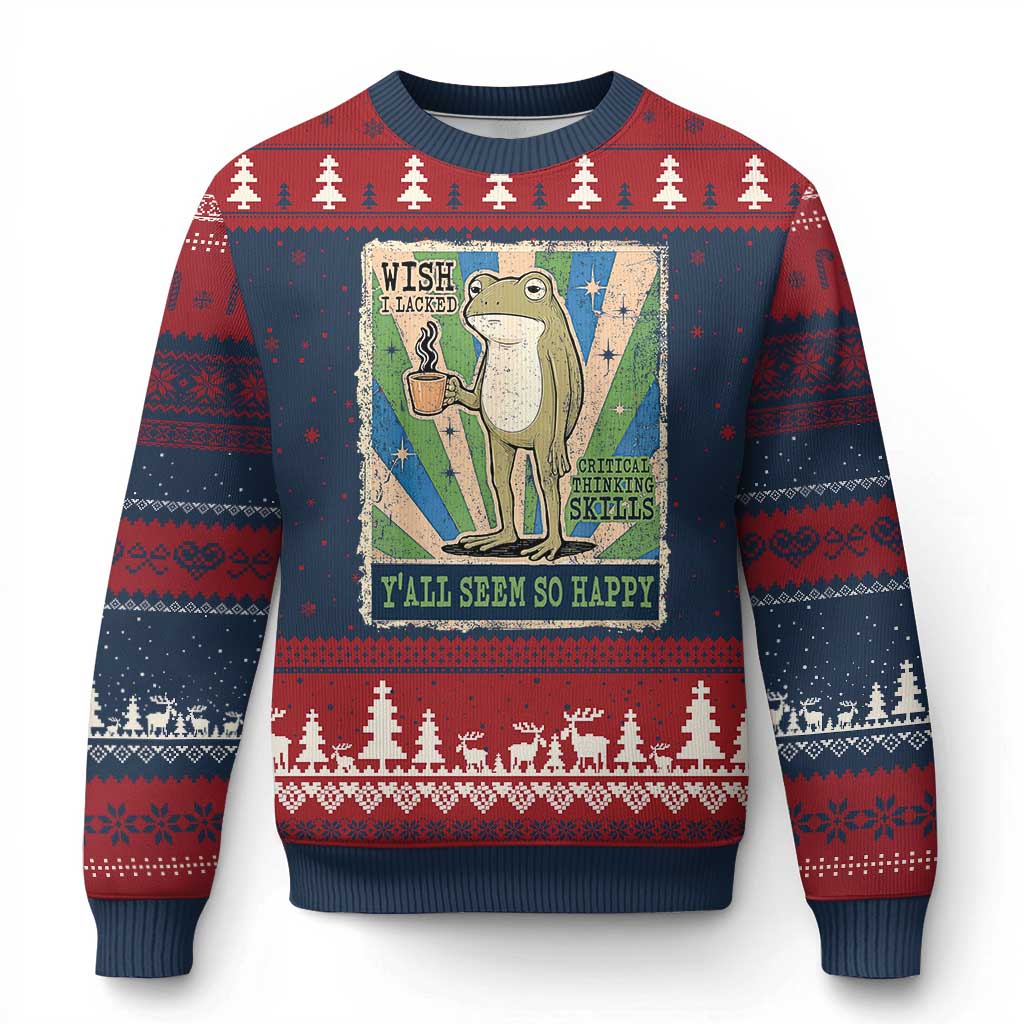 Vintage Frog Drinking Coffee Sarcastic Meme Ugly Christmas Sweater Wish I Lacked Critical Thinking Skills You All Seem So Happy