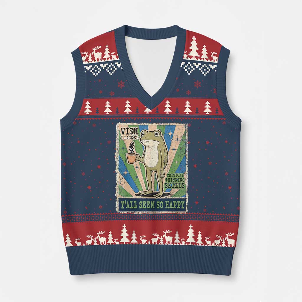 Vintage Frog Drinking Coffee Sarcastic Meme V-Neck Knit Sweater Vest Wish I Lacked Critical Thinking Skills You All Seem So Happy