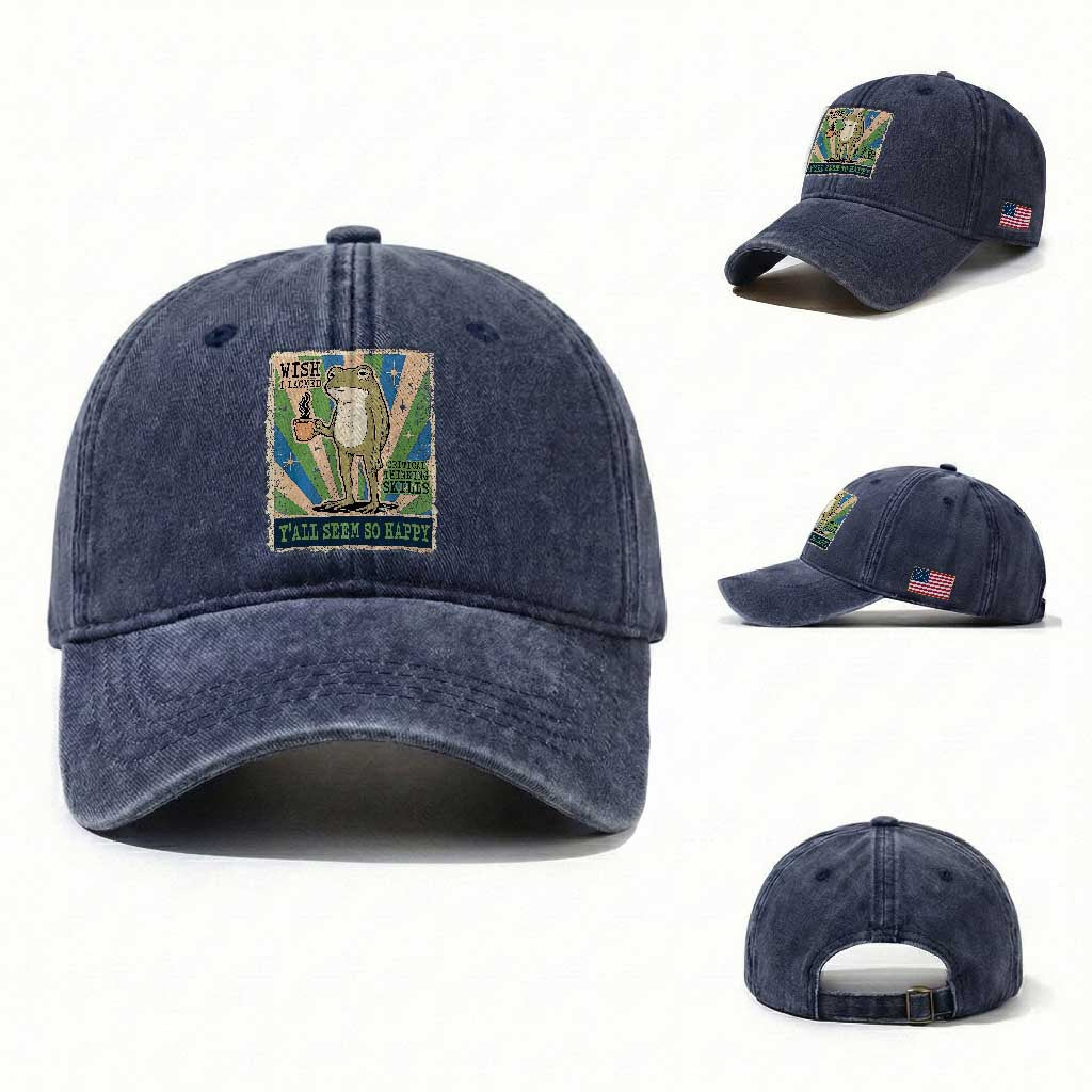Vintage Frog Drinking Coffee Sarcastic Meme Washed Cotton Baseball Cap Wish I Lacked Critical Thinking Skills You All Seem So Happy