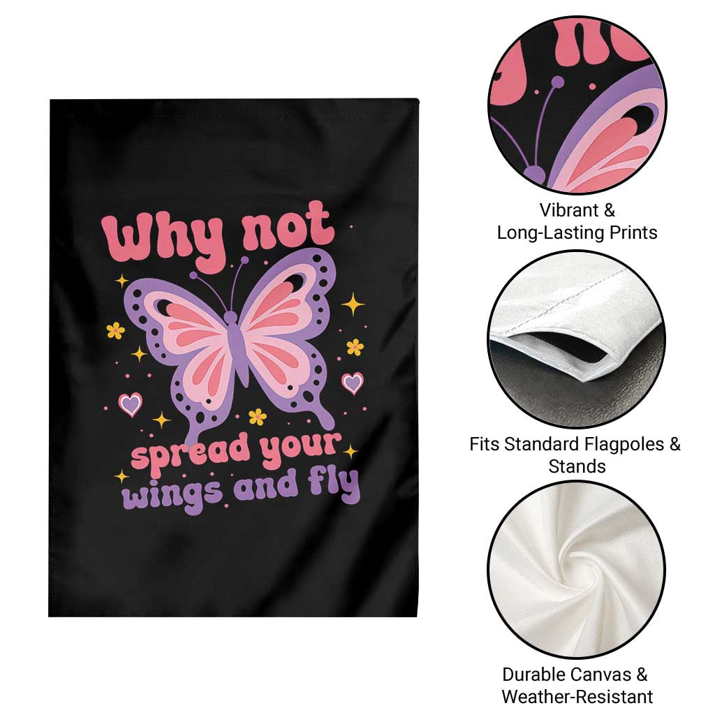 Retro Y2K Groovy Pink Butterfly Inspirational Garden Flag Why Not Spread Your Wings And Fly Female Empowerment